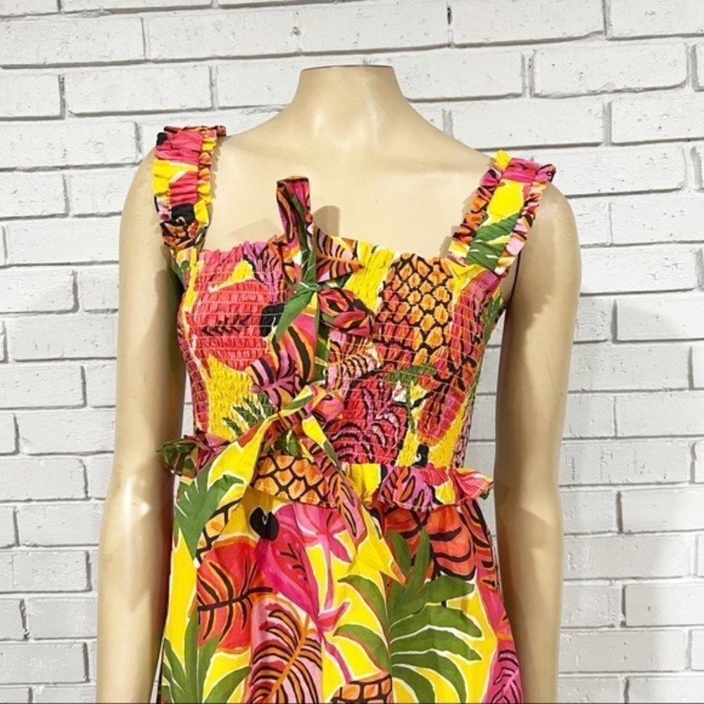 Farm Rio Yellow Tropical Pineapple Parrot Smocked Maxi Dress | Size Small - Picture 8 of 16